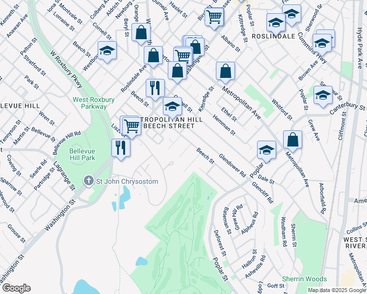 map of restaurants, bars, coffee shops, grocery stores, and more near 11 Grandview Street in Boston