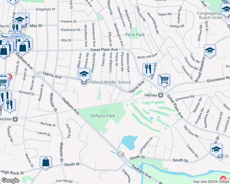 map of restaurants, bars, coffee shops, grocery stores, and more near 131 Plymouth Road in Needham