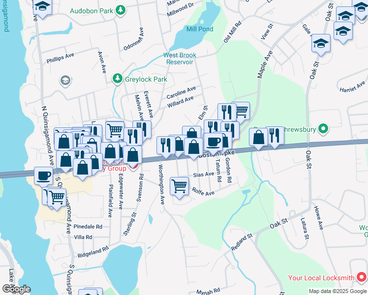 map of restaurants, bars, coffee shops, grocery stores, and more near 22 Elm Street in Shrewsbury