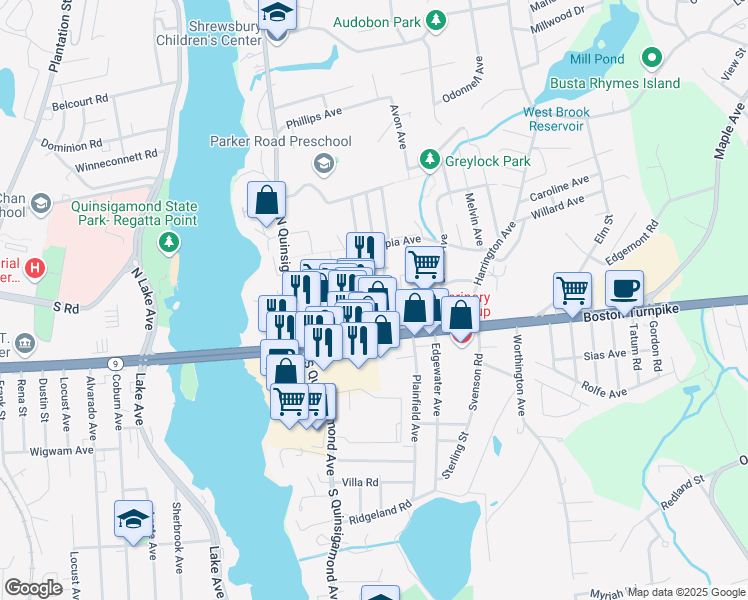 map of restaurants, bars, coffee shops, grocery stores, and more near 21 Dewey Road in Shrewsbury