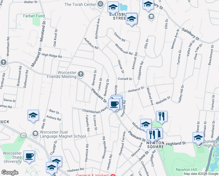 map of restaurants, bars, coffee shops, grocery stores, and more near 20 Beeching Street in Worcester