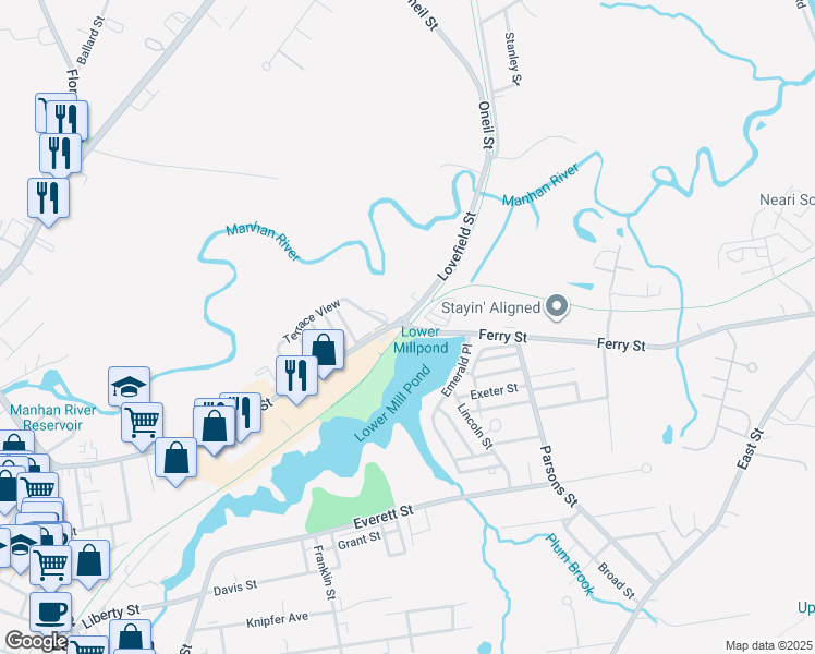 map of restaurants, bars, coffee shops, grocery stores, and more near 2 Ferry Street in Easthampton