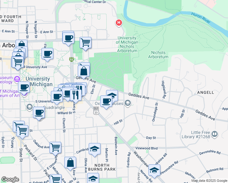 map of restaurants, bars, coffee shops, grocery stores, and more near 1701 Geddes Avenue in Ann Arbor