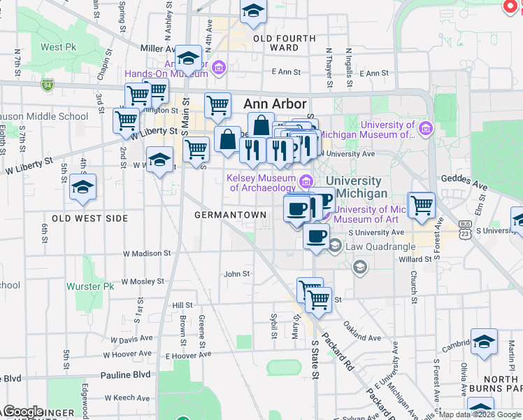 map of restaurants, bars, coffee shops, grocery stores, and more near 410 East Jefferson Street in Ann Arbor