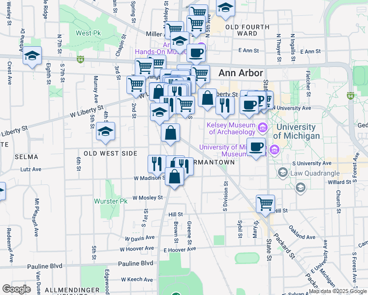 map of restaurants, bars, coffee shops, grocery stores, and more near 120 Packard Street in Ann Arbor
