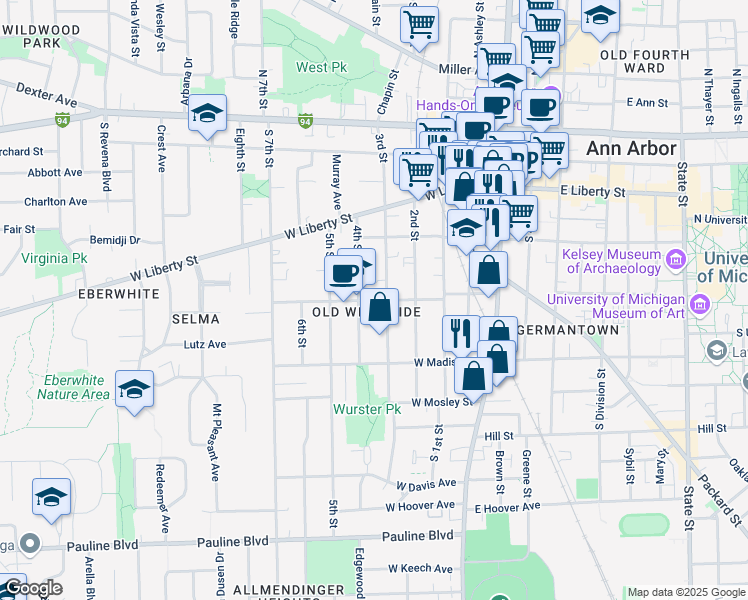 map of restaurants, bars, coffee shops, grocery stores, and more near 500 West Jefferson Street in Ann Arbor