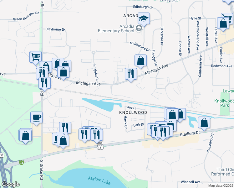 map of restaurants, bars, coffee shops, grocery stores, and more near 3920 Pine Terrace Boulevard in Kalamazoo