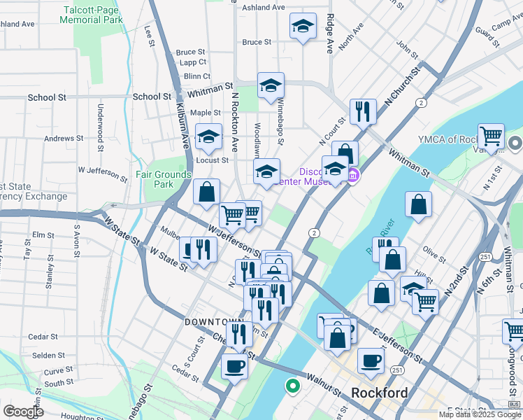 map of restaurants, bars, coffee shops, grocery stores, and more near 417 North Winnebago Street in Rockford