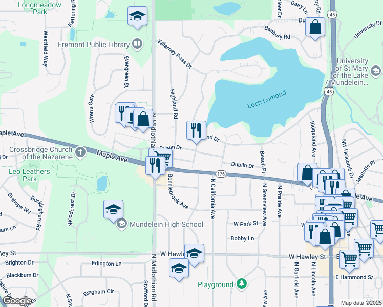 map of restaurants, bars, coffee shops, grocery stores, and more near 728 Firth Road in Mundelein