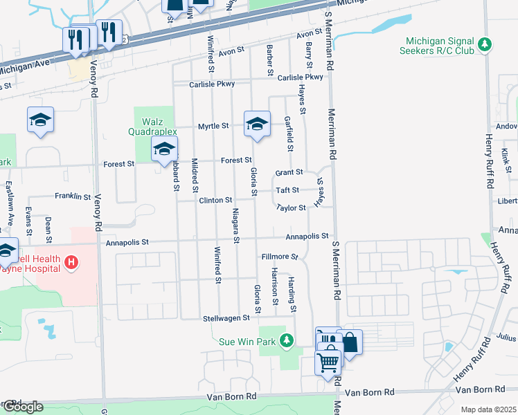 map of restaurants, bars, coffee shops, grocery stores, and more near 4423 Gloria Street in Wayne