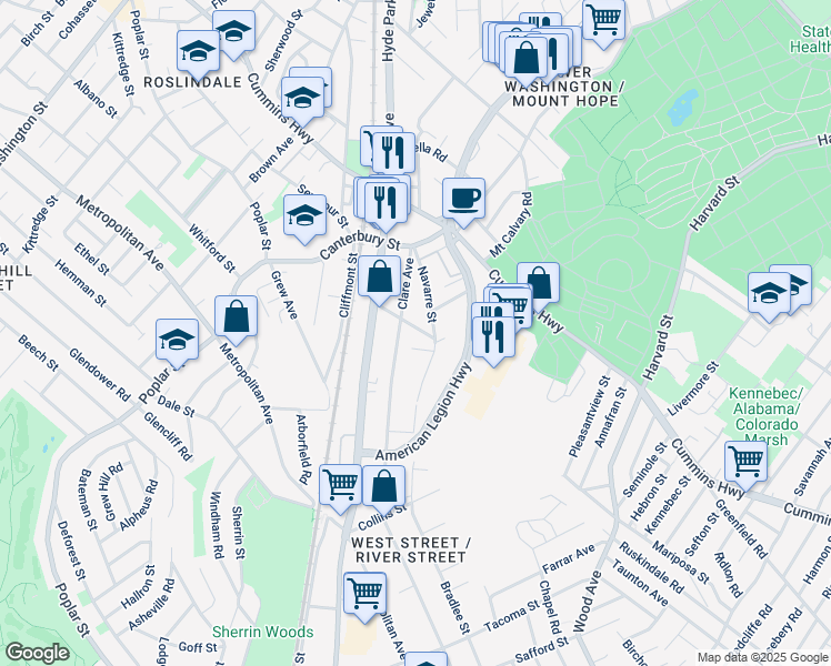 map of restaurants, bars, coffee shops, grocery stores, and more near 31 Ramsdell Avenue in Boston