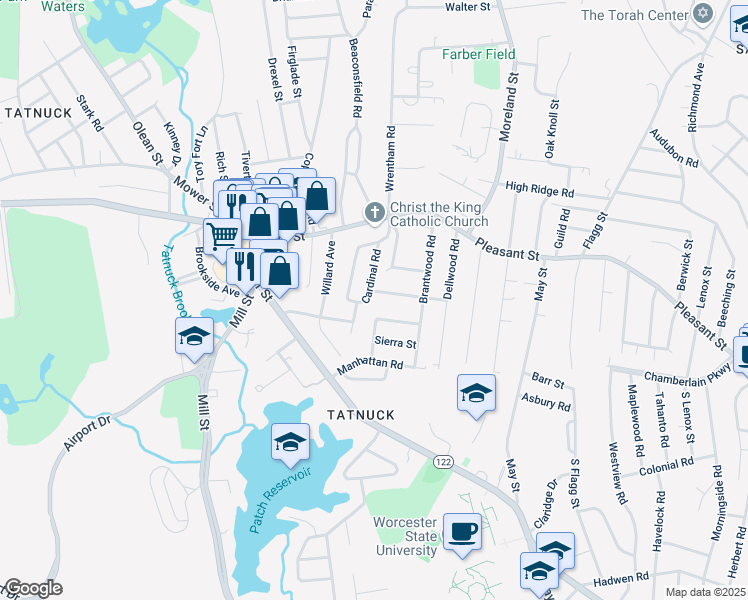 map of restaurants, bars, coffee shops, grocery stores, and more near 25 Radmore Street in Worcester