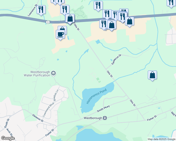 map of restaurants, bars, coffee shops, grocery stores, and more near 50 Otis Street in Westborough