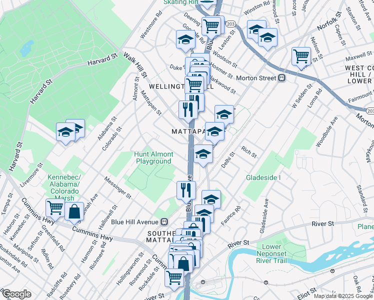 map of restaurants, bars, coffee shops, grocery stores, and more near 1407 Blue Hill Avenue in Boston