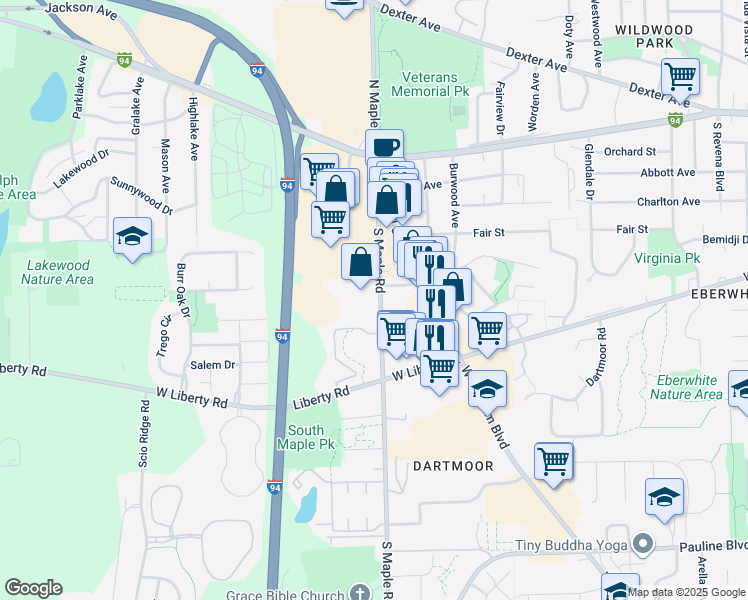 map of restaurants, bars, coffee shops, grocery stores, and more near 530 South Maple Road in Ann Arbor
