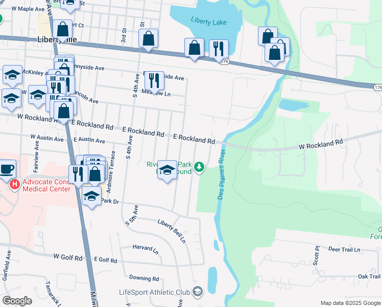map of restaurants, bars, coffee shops, grocery stores, and more near 605 Kenwood Avenue in Libertyville