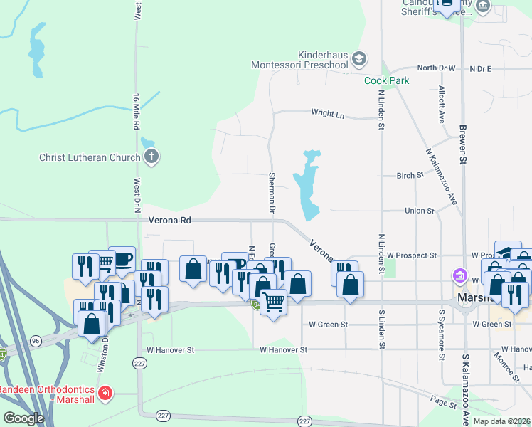 map of restaurants, bars, coffee shops, grocery stores, and more near 1006 Verona Road in Marshall