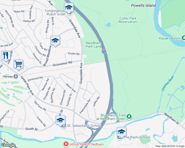 map of restaurants, bars, coffee shops, grocery stores, and more near 50 Valley Rd in Needham