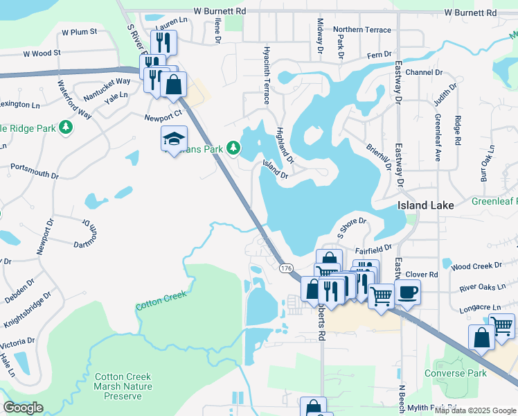 map of restaurants, bars, coffee shops, grocery stores, and more near in Island Lake