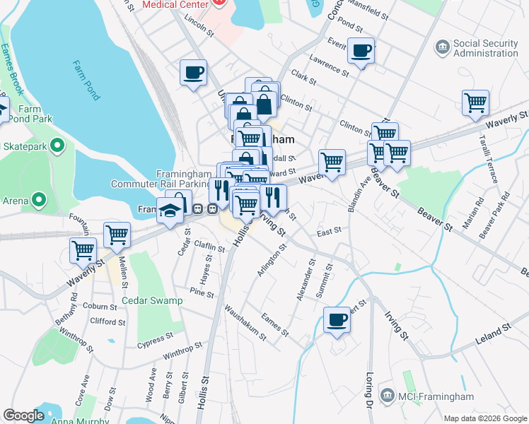 map of restaurants, bars, coffee shops, grocery stores, and more near 46 Irving Street in Framingham