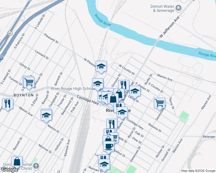 map of restaurants, bars, coffee shops, grocery stores, and more near 171 Charles Street in River Rouge