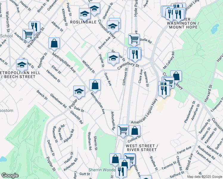 map of restaurants, bars, coffee shops, grocery stores, and more near 59A Grew Avenue in Boston