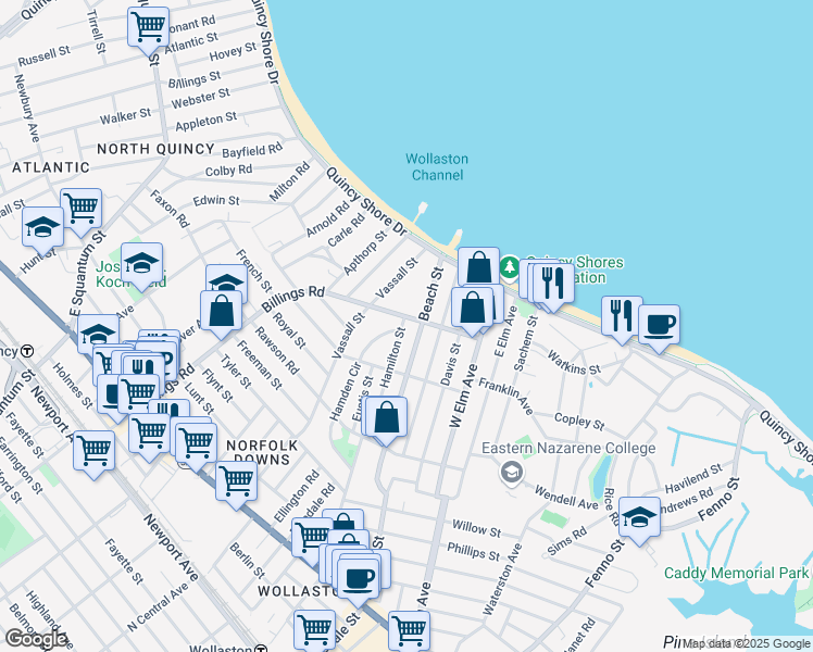 map of restaurants, bars, coffee shops, grocery stores, and more near 307 Billings Road in Quincy