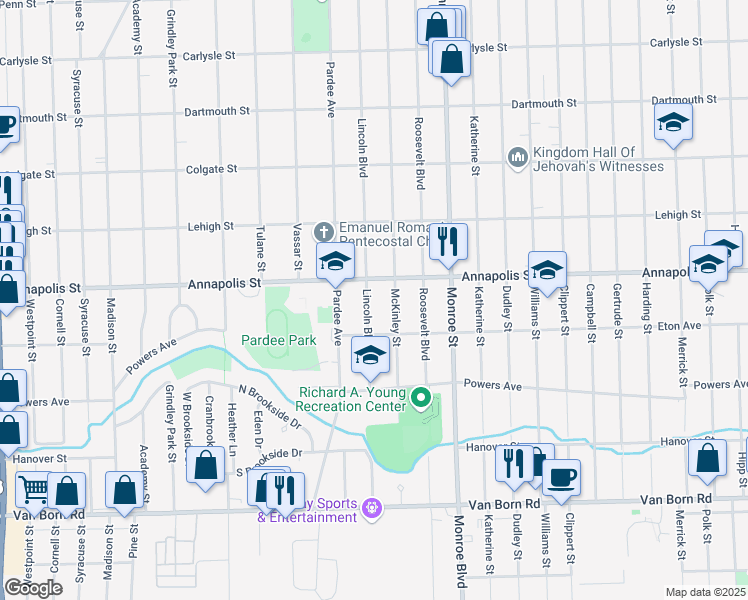 map of restaurants, bars, coffee shops, grocery stores, and more near 4649 Lincoln Boulevard in Dearborn Heights