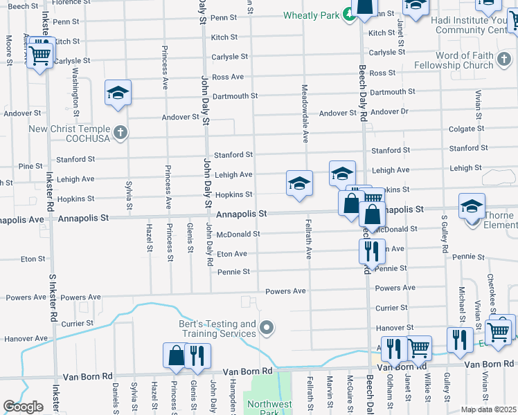 map of restaurants, bars, coffee shops, grocery stores, and more near 33000 Annapolis Avenue in Inkster