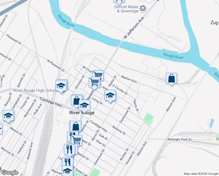 map of restaurants, bars, coffee shops, grocery stores, and more near 121 Burke Street in River Rouge
