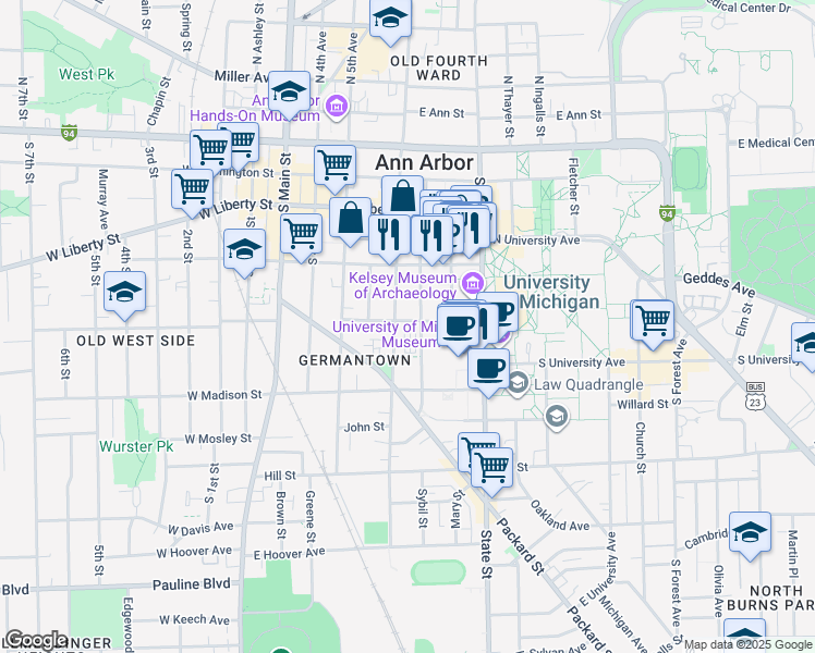map of restaurants, bars, coffee shops, grocery stores, and more near 408 East Jefferson Street in Ann Arbor