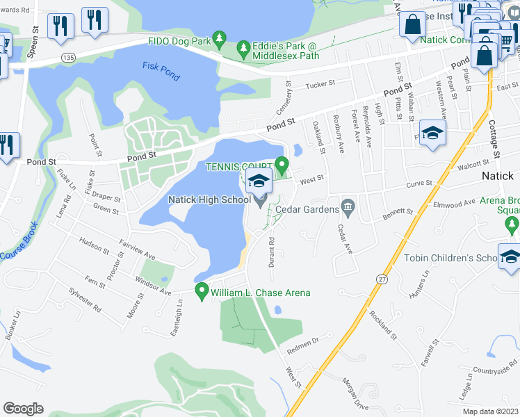 map of restaurants, bars, coffee shops, grocery stores, and more near 15 West Street in Natick