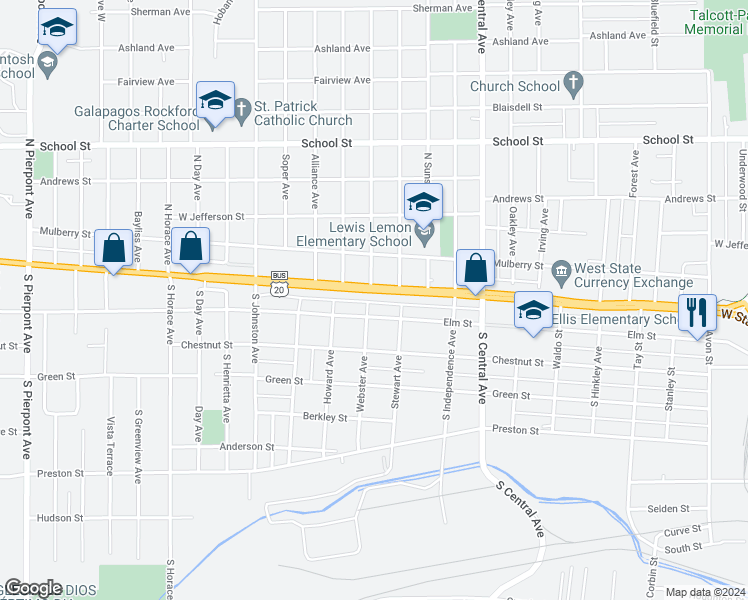 map of restaurants, bars, coffee shops, grocery stores, and more near 106 Webster Avenue in Rockford
