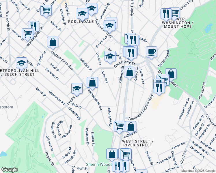 map of restaurants, bars, coffee shops, grocery stores, and more near 59A Grew Avenue in Boston