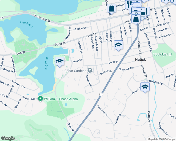 map of restaurants, bars, coffee shops, grocery stores, and more near 2 Cedar Avenue in Natick
