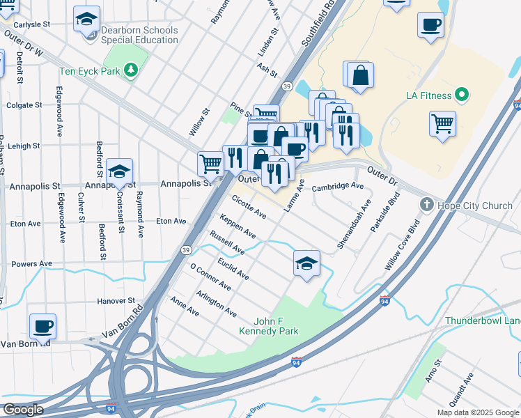 map of restaurants, bars, coffee shops, grocery stores, and more near 17266 Cicotte Avenue in Allen Park