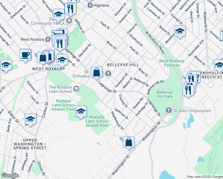map of restaurants, bars, coffee shops, grocery stores, and more near 195 Lagrange Street in Boston