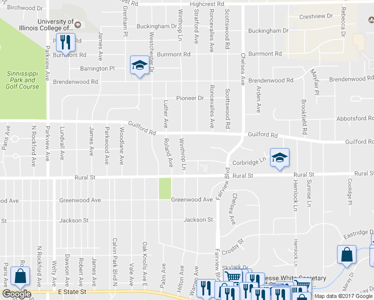 map of restaurants, bars, coffee shops, grocery stores, and more near 809 Winthrop Lane in Rockford