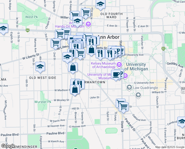 map of restaurants, bars, coffee shops, grocery stores, and more near 308 East Jefferson Street in Ann Arbor