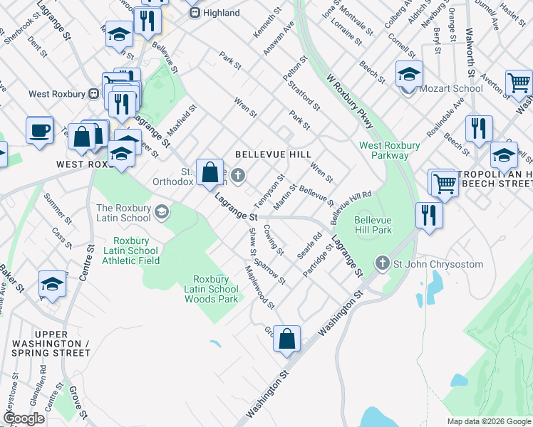 map of restaurants, bars, coffee shops, grocery stores, and more near 171 Lagrange Street in Boston