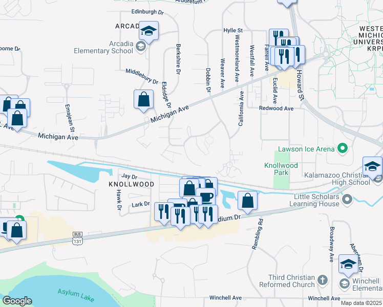 map of restaurants, bars, coffee shops, grocery stores, and more near 17 Michigamme Woods Drive in Kalamazoo