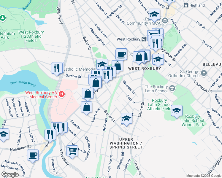 map of restaurants, bars, coffee shops, grocery stores, and more near 17 Cass Street in Boston