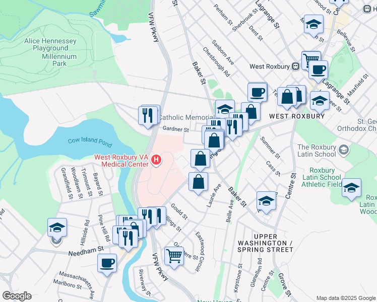 map of restaurants, bars, coffee shops, grocery stores, and more near 24 Spring Valley Road in Boston