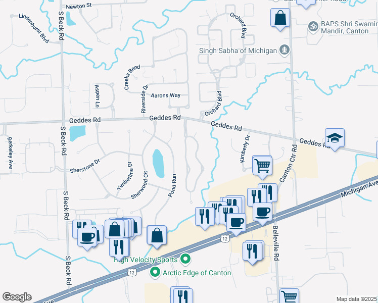 map of restaurants, bars, coffee shops, grocery stores, and more near 4426 Hunters Cir W in Canton