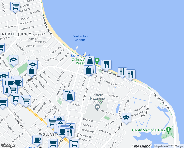 map of restaurants, bars, coffee shops, grocery stores, and more near 153 West Elm Avenue in Quincy