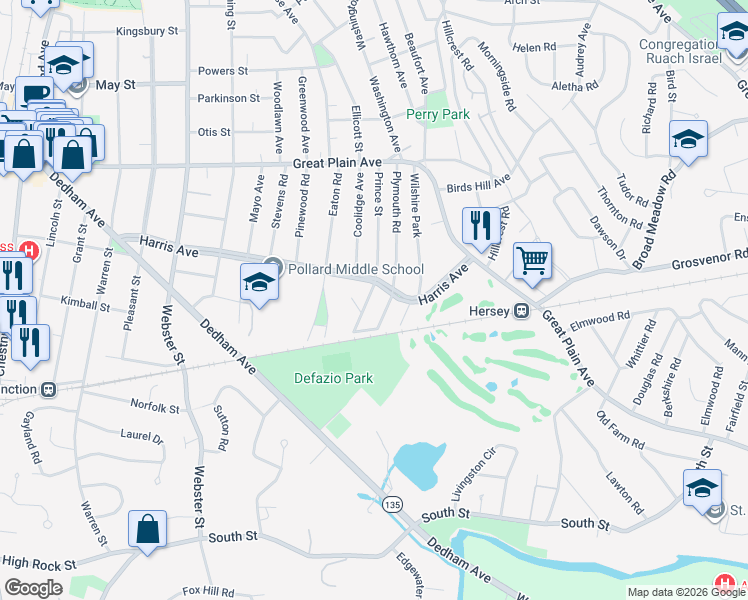 map of restaurants, bars, coffee shops, grocery stores, and more near 131 Plymouth Road in Needham