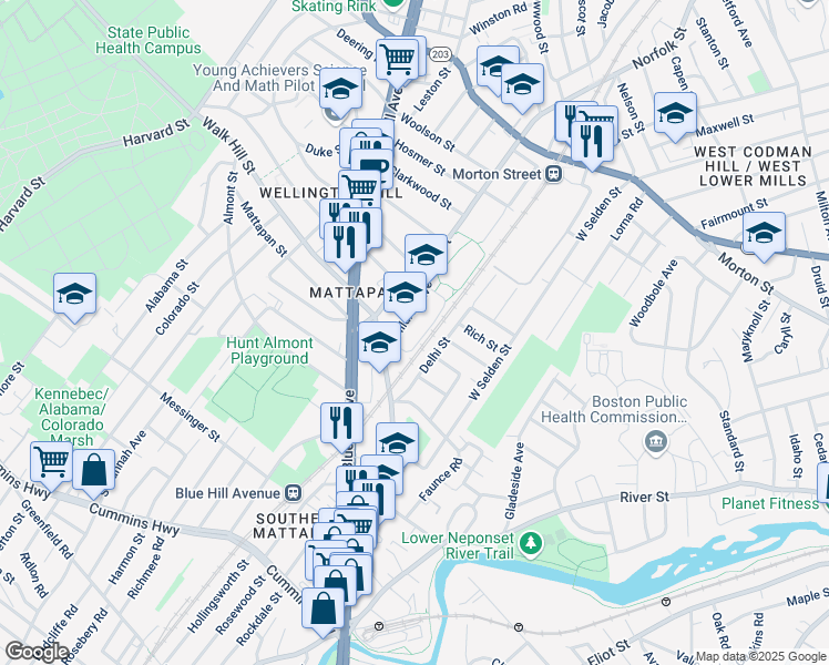 map of restaurants, bars, coffee shops, grocery stores, and more near 33-35 Mildred Avenue in Boston