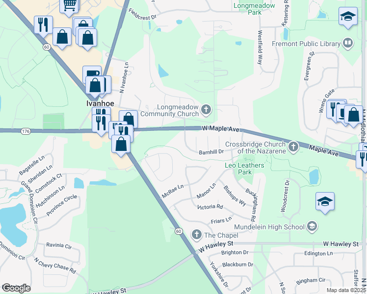 map of restaurants, bars, coffee shops, grocery stores, and more near 1953 Barnhill Drive in Mundelein