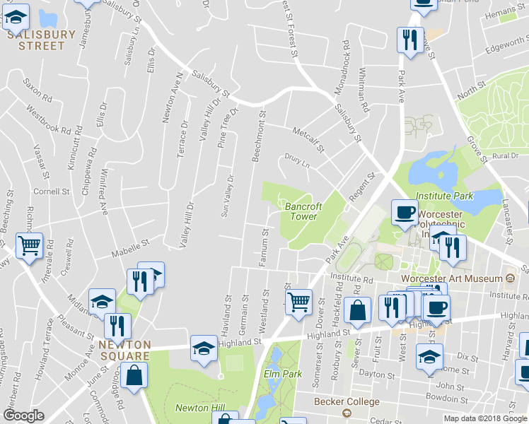 map of restaurants, bars, coffee shops, grocery stores, and more near 33 Farnum Street in Worcester