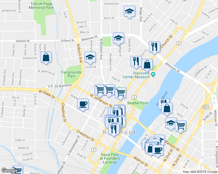 map of restaurants, bars, coffee shops, grocery stores, and more near 417 North Winnebago Street in Rockford
